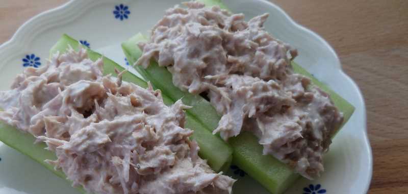 Komkommerbootjes gevuld met tonijnsla of garnalen