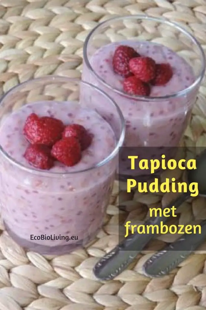 Tapioca pudding van frambozen en kokosmelk in drinkglazen met enkele frambozen als decoratie erop.