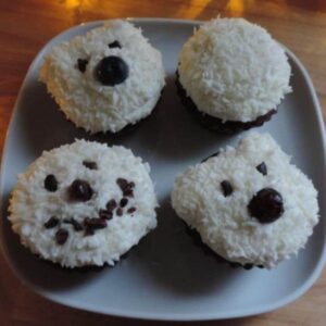 Chocolade cupcakes met kokos decoratie - mooi gebakje voor de winter en kerst of eindejaarsfeesten