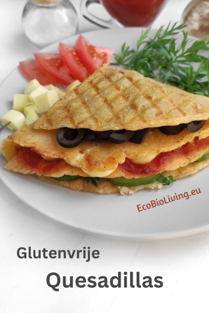 Zelfgemaakte glutenvrije Quesadilla - op een wit bord geserveerd. 